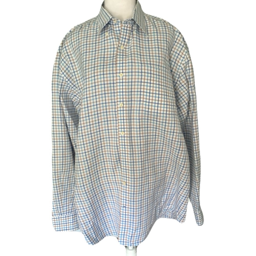 Peter Millar Easycare Men's XL Blue Tan & White Windowpane Button-Down Shirt